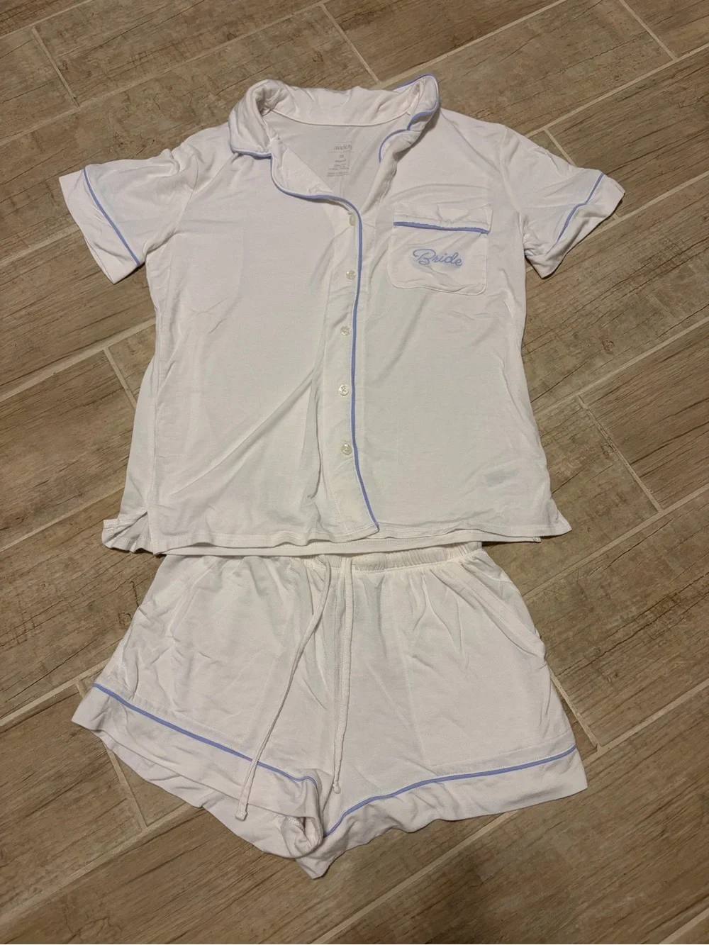 Auden White Short-Sleeve Pajama Set with Light Blue Trim Bride